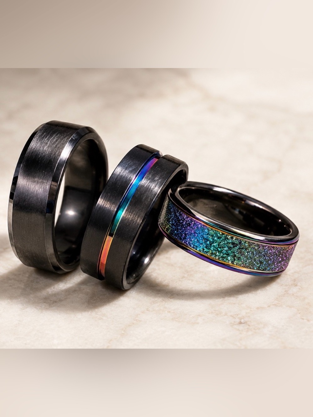 Black Men's Ring with Iridescent Rainbow Inlay